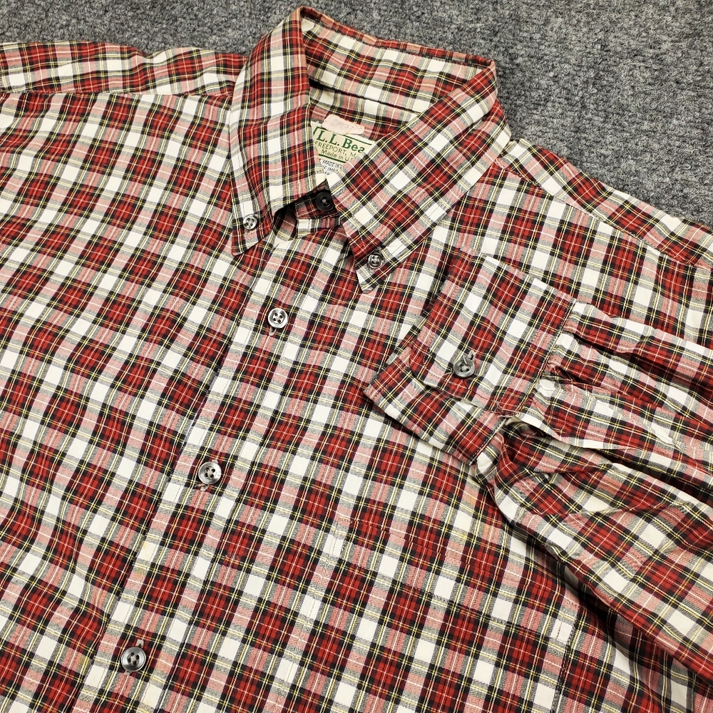 Vintage LL Bean Dress Shirt Mens Medium Button Down Red Tartan Plaid USA Made
